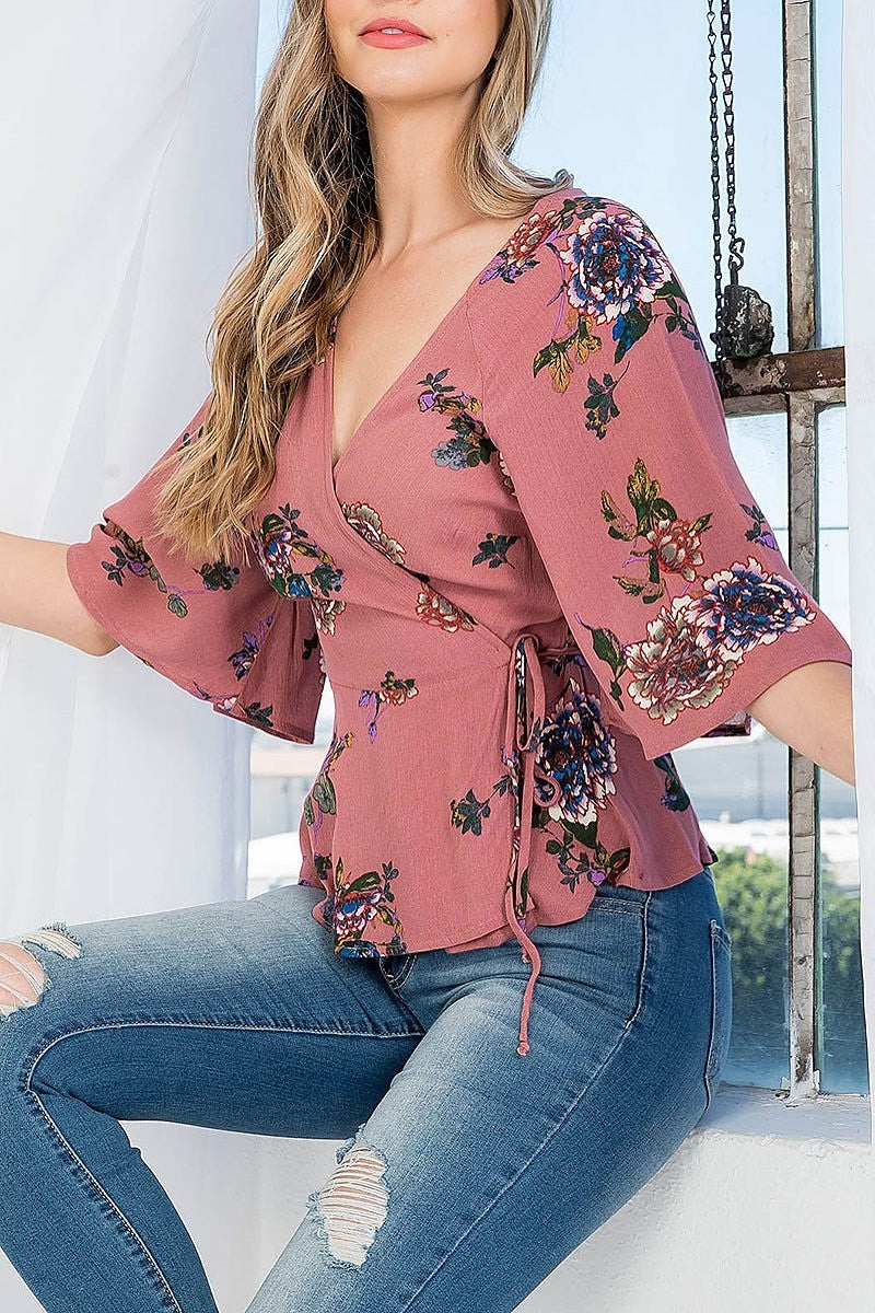 Floral surplice v neck side tie ruffle sleeve top (EF3598)