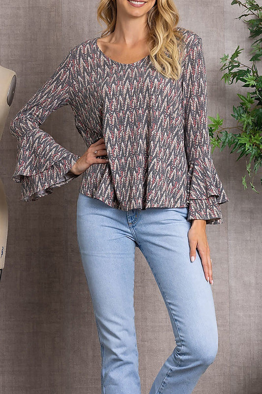 Printed bell long sleeves knit top (EDSW3374)