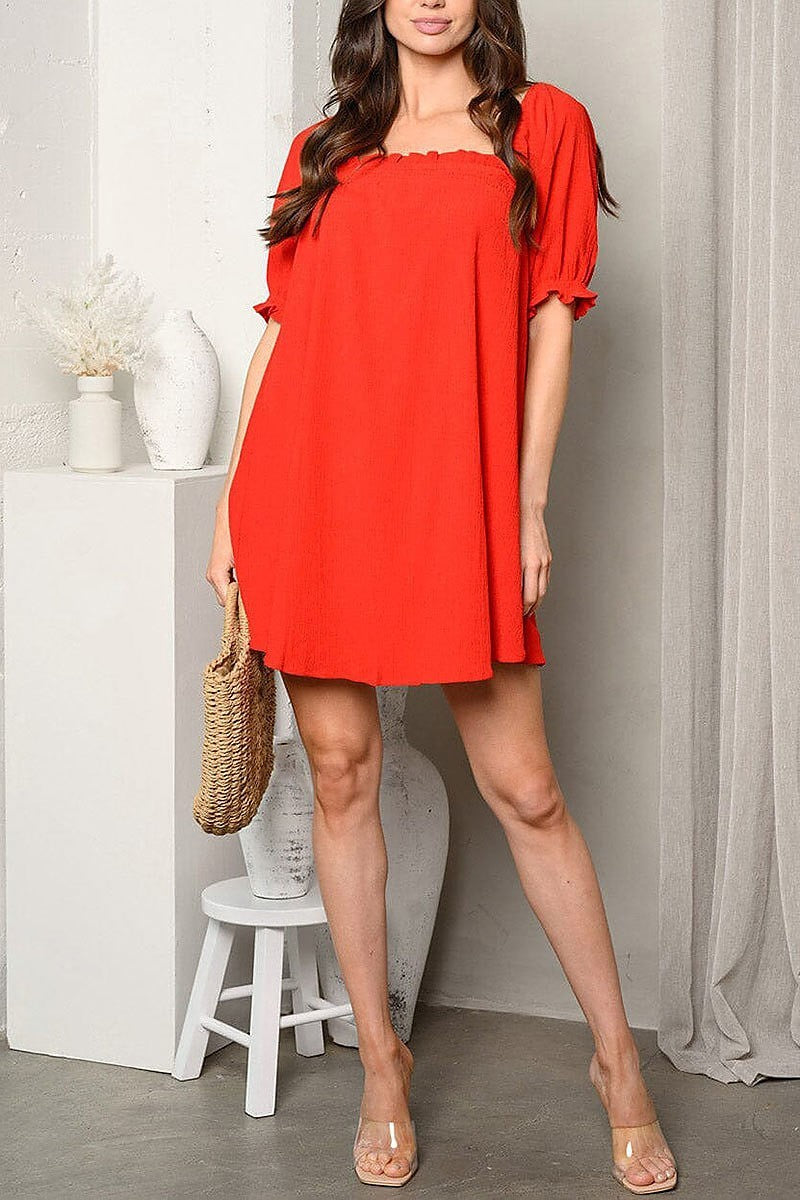 Short puff sleeve square neck tunic mini dress (EDWT9527)