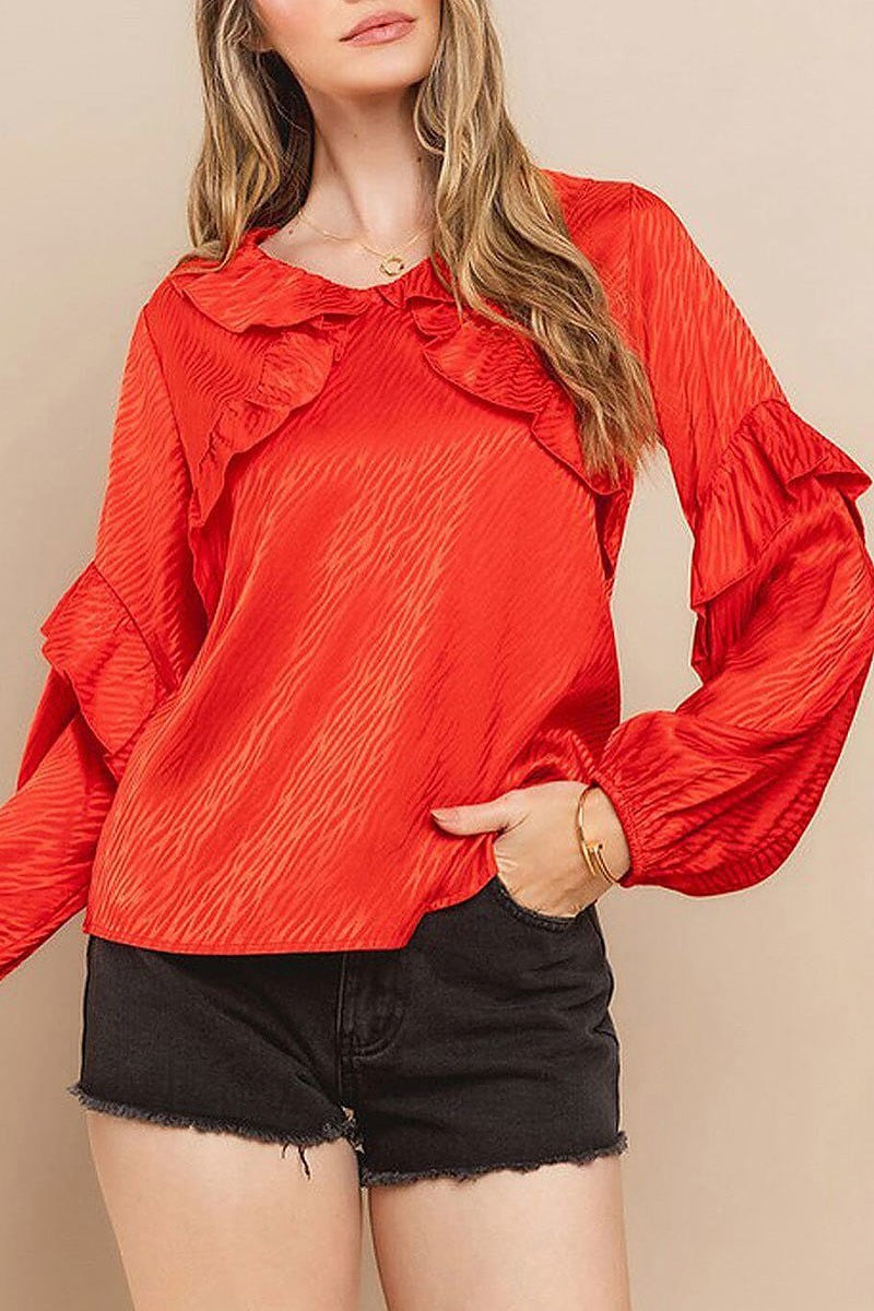 Long ruffle sleeve v-neck blouse top (EFWT8749)