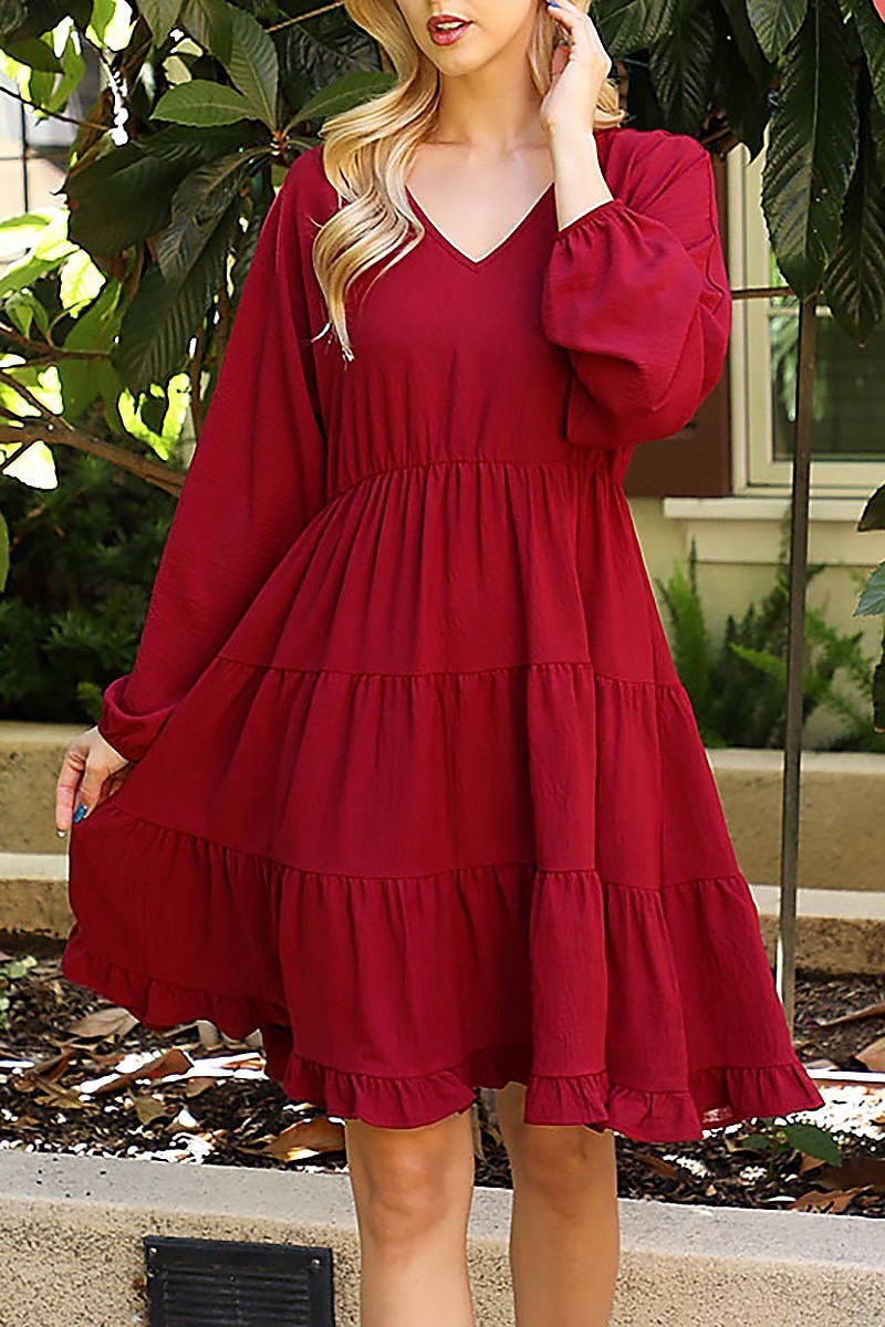 Puff sleeve v-neck elastic waist tiered dress (DED8840)