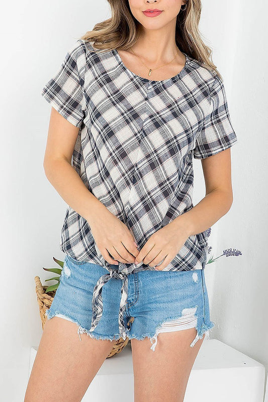 Round neck waist tie plaid top (EF3801)