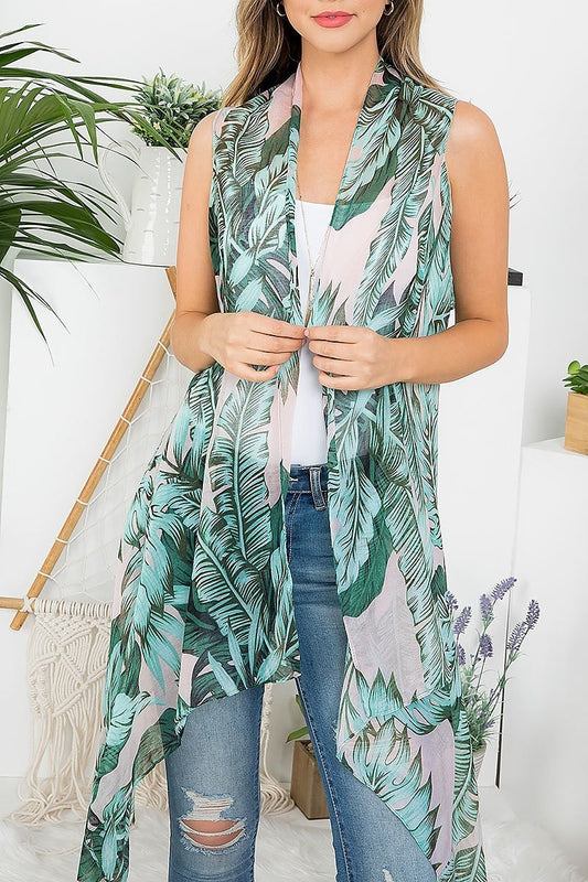 Tropical leaf print bohemiian open front kimono vest (EF3244)