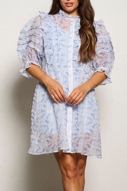 3/4 puff sleeve button up ruffle floral mini dress (EGWT1260)