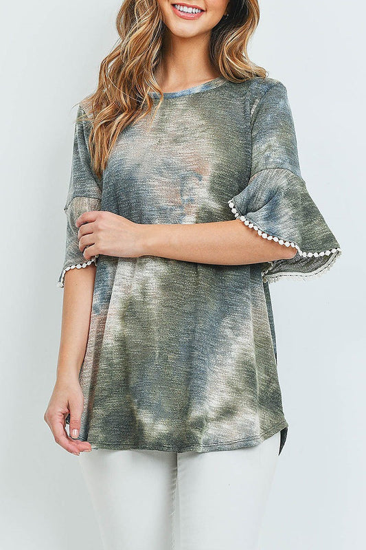 Tie dye lace detail bell sleeves low gauge top (ED8810)