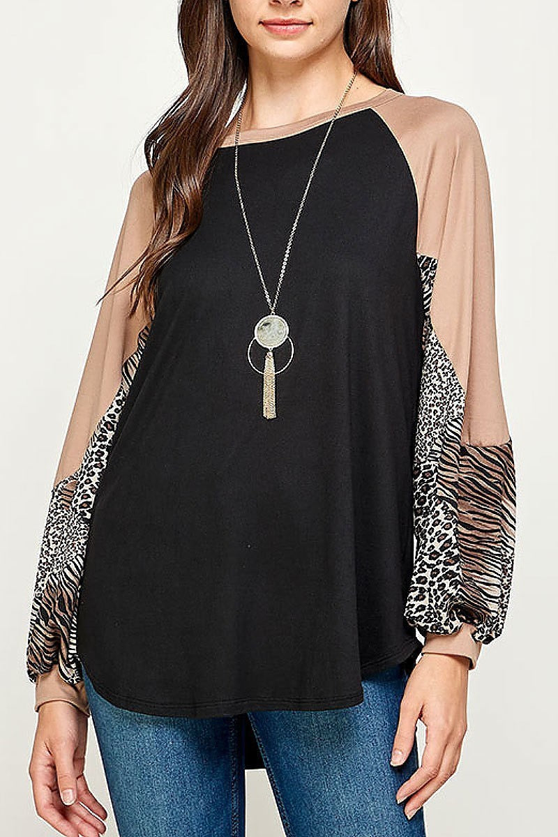 Mix animal print color block bubble sleeve top (EF2380)