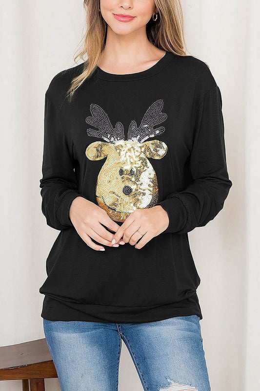 Sequin moose print long sleeve top (EF2700)