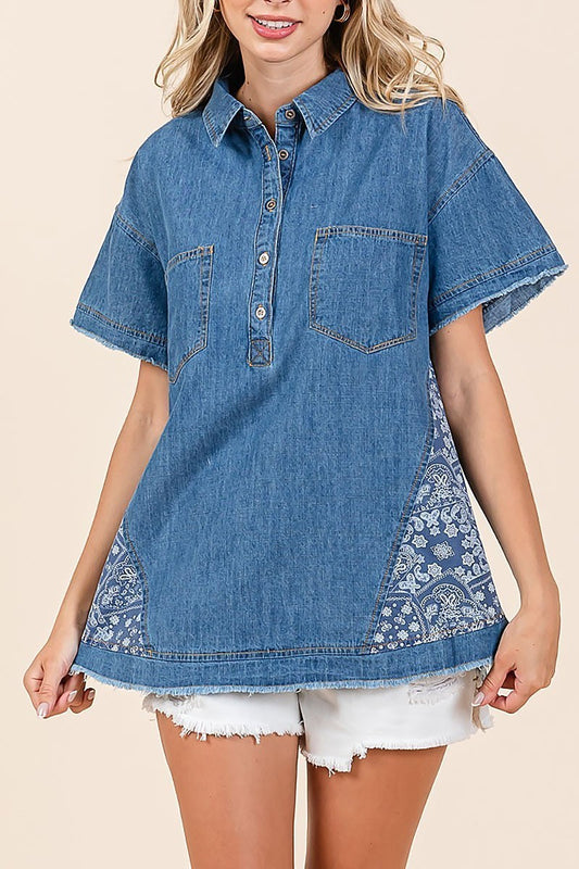 Patchworks detailing button down denim shirt (EDH2340)