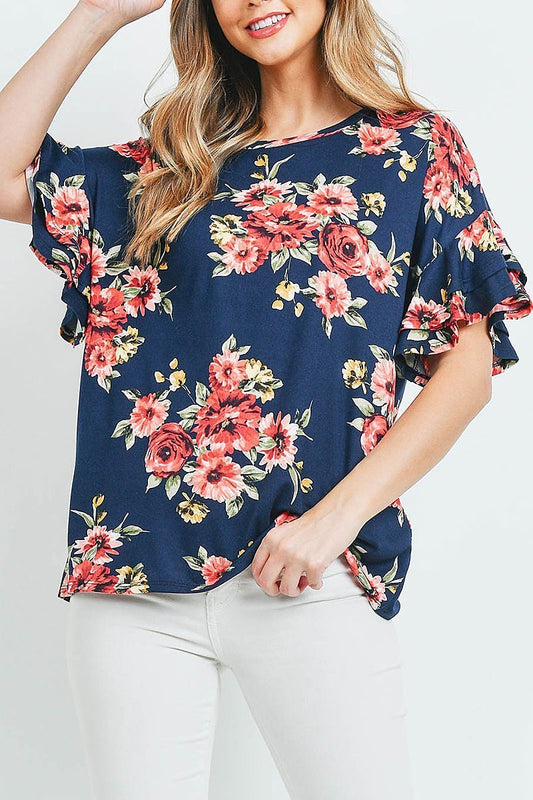 Ruffle sleeves round neck floral print top (ED9438)