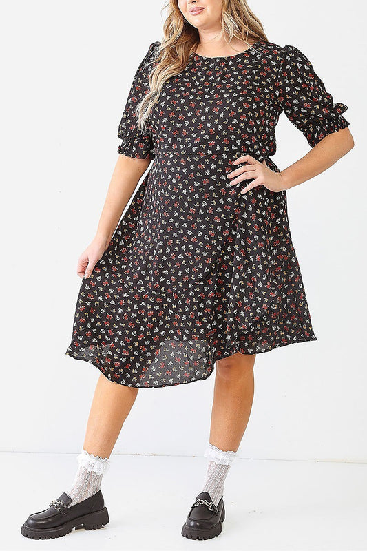 Floral print puff sleeve falre dress (TED1549)