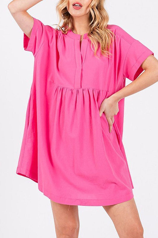 Short sleeve button up pockets tunic mini dress (EGWT1716)