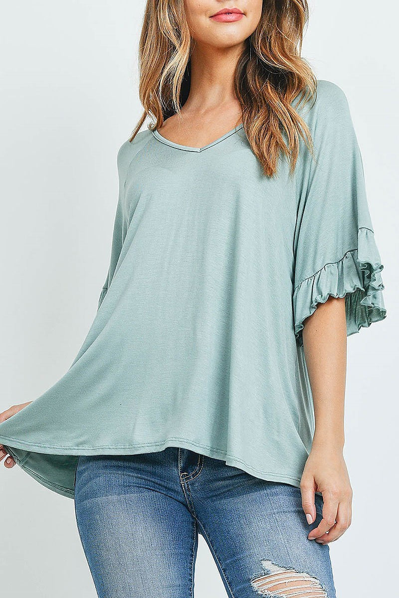 Ruffle detail bell sleeve v neck top (ED9619)