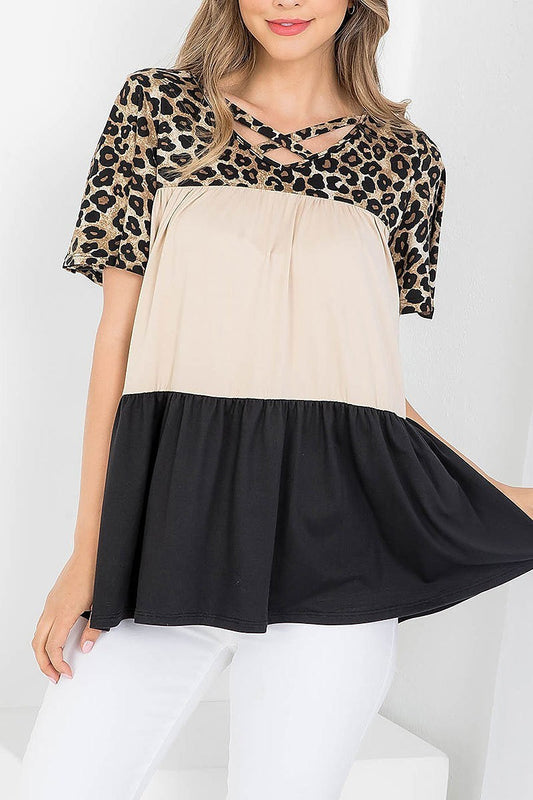 Leopard crisscross neck color block top (EF3926)