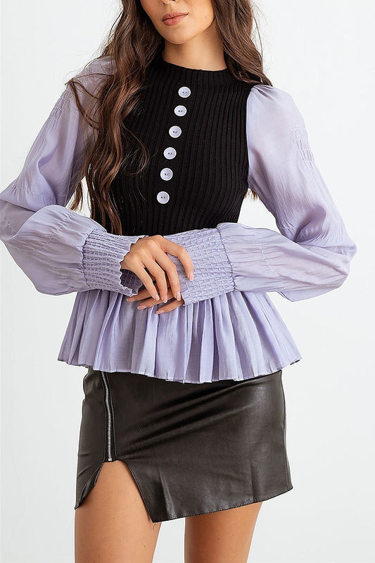 Ribbed bodice button up pleated hem shirt (TED2228)