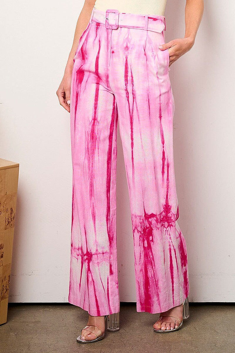 Button closure belted tie dye wide leg pants (EFWT9092)