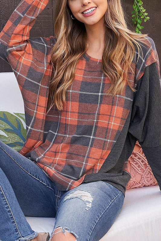 Dolman sleeve vertical detail plaid top (EF2394)