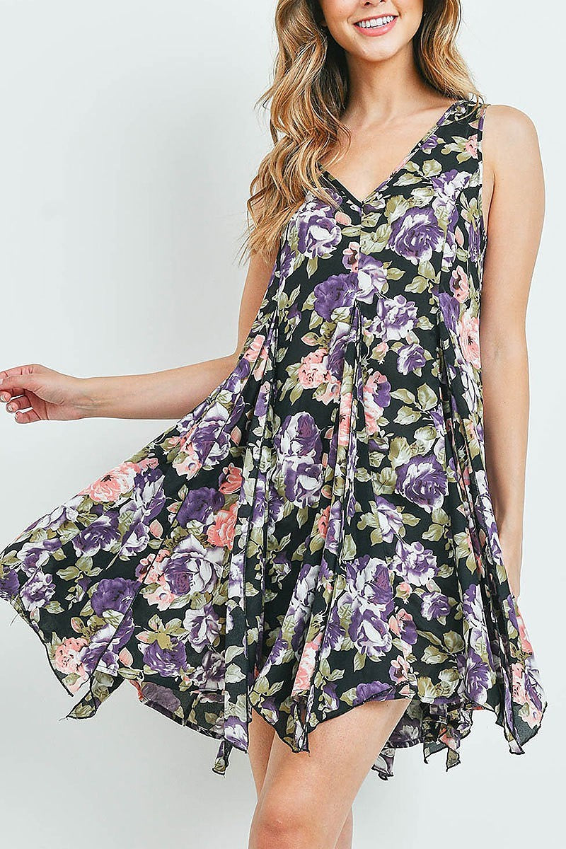 V neck floral print asymmetrical hem flare dress (DED6157)