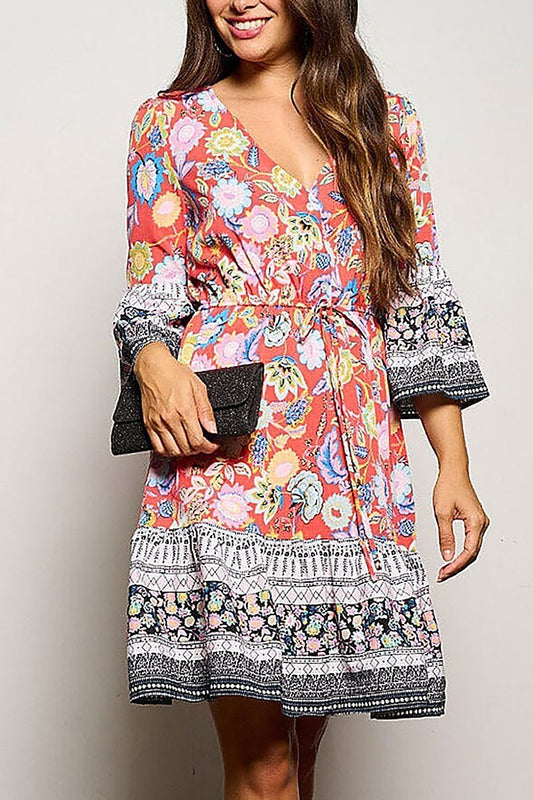 3/4 sleeve self tie multi floral mini dress (EGWT1174)