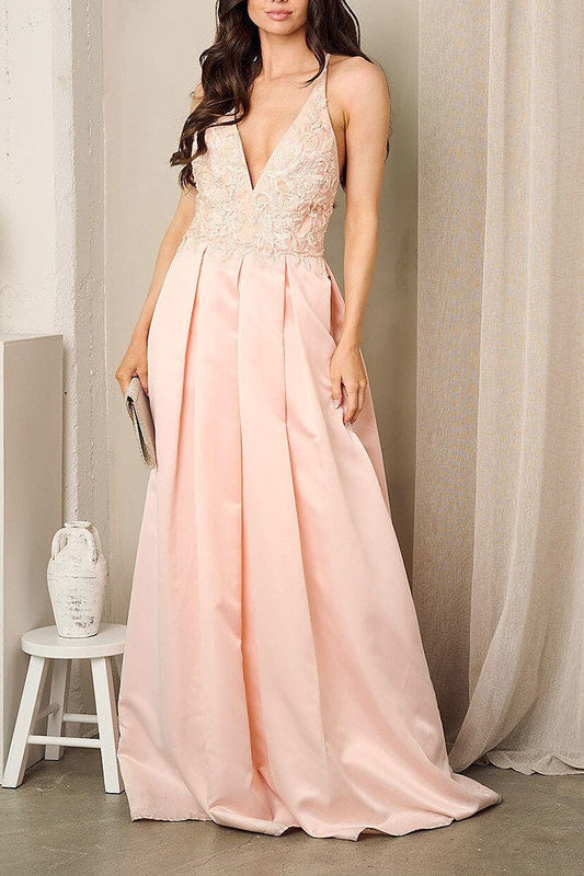 Sleeveless v-neck open back pleated gown dress (EFWT2419)