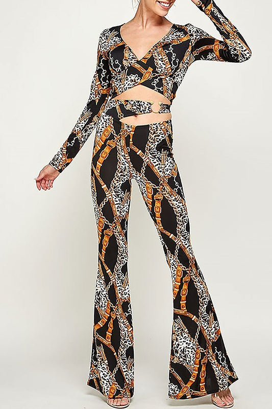 Chain animal print top and pants set (EF2903)