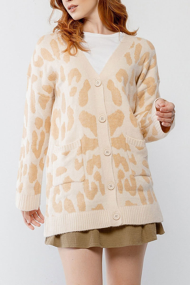 Giraffe print button up pocket detail cardigan (TDG9945)