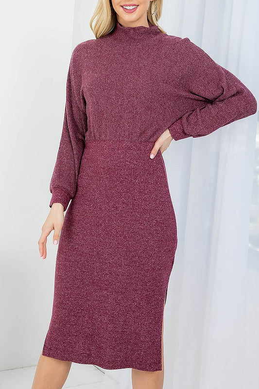 Mock neck cuffed long sleeve midi dress (DED7905)