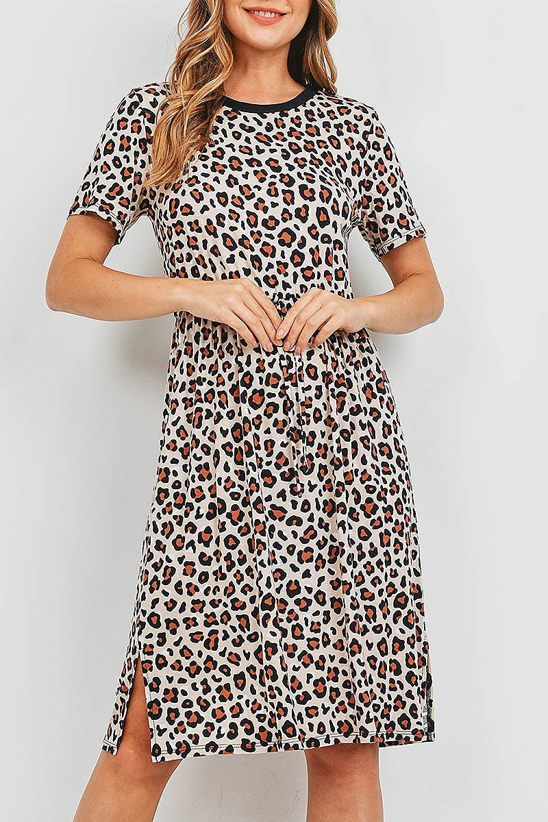 Solid neck band leopard pleated waist dress (DED6754)