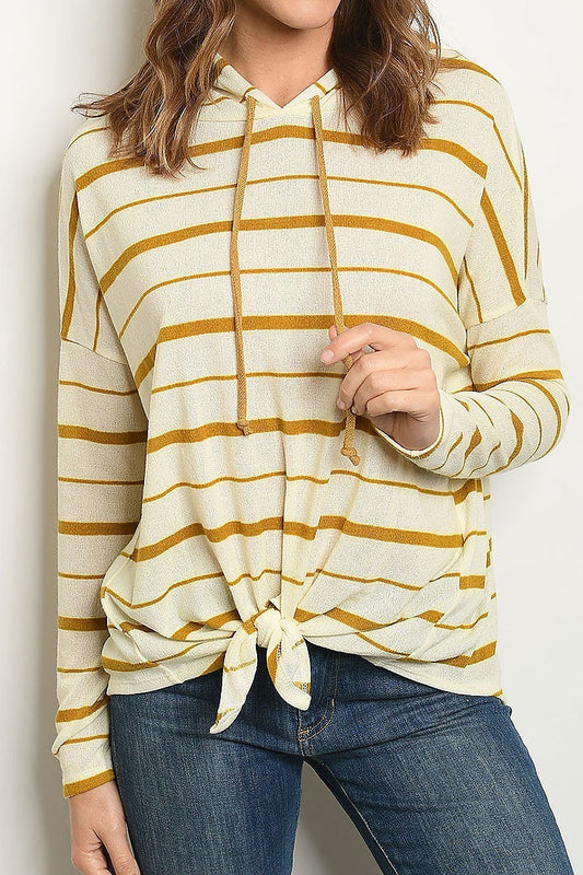 Long sleeve stripe hooded tie waist dolman top (ED7730-LAST)