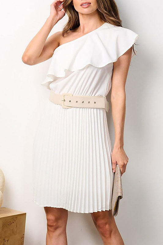 One shoulder ruffle belted pleated midi dress (EFWT7754)