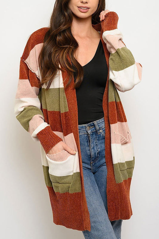 Long sleeve stripes pockets cardigan (EDWT3745)