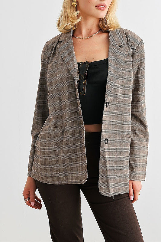 Plaid long sleeve button up pocket blazer (TED2032)