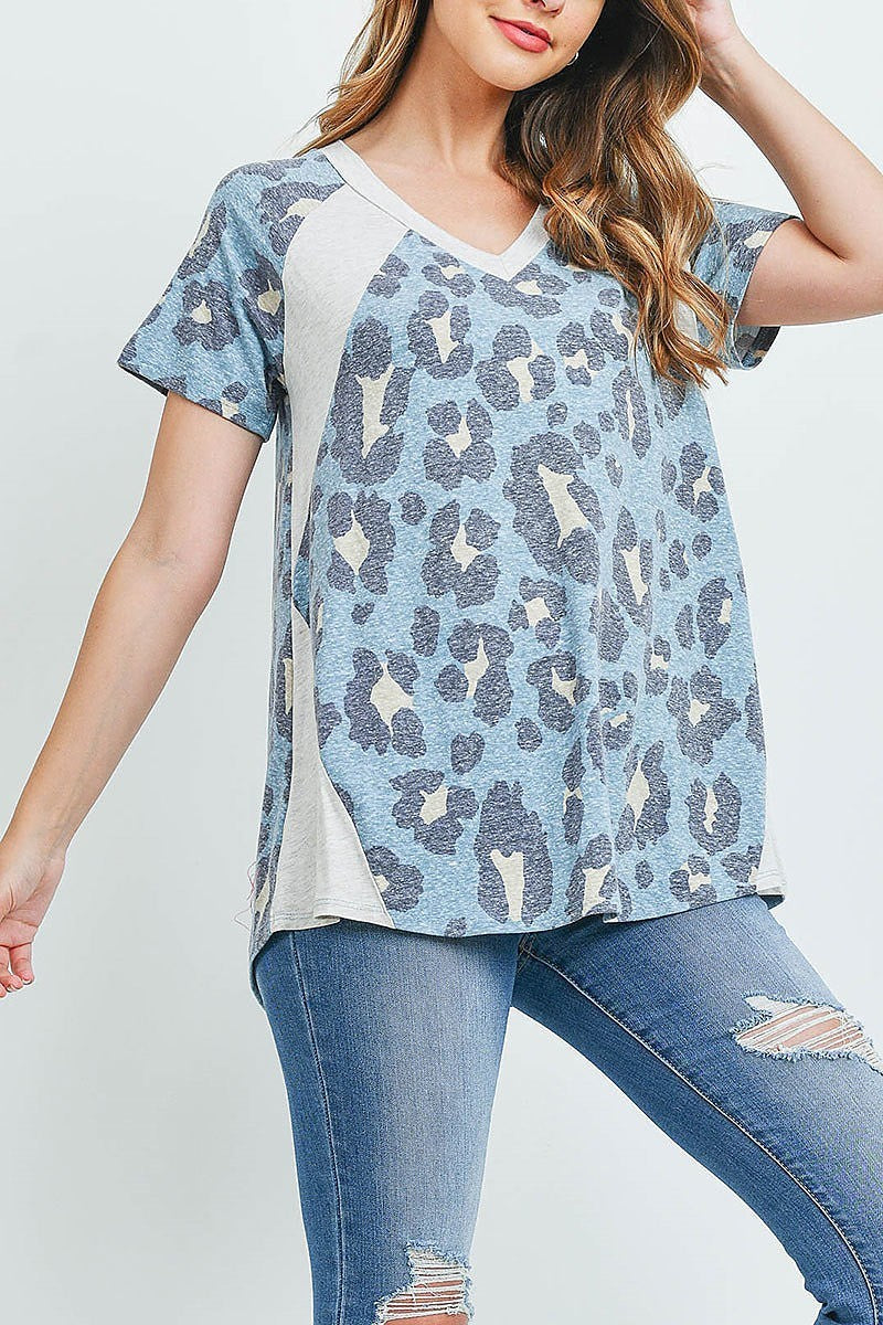 Jersey leopard contrast v neck top (ED9879)