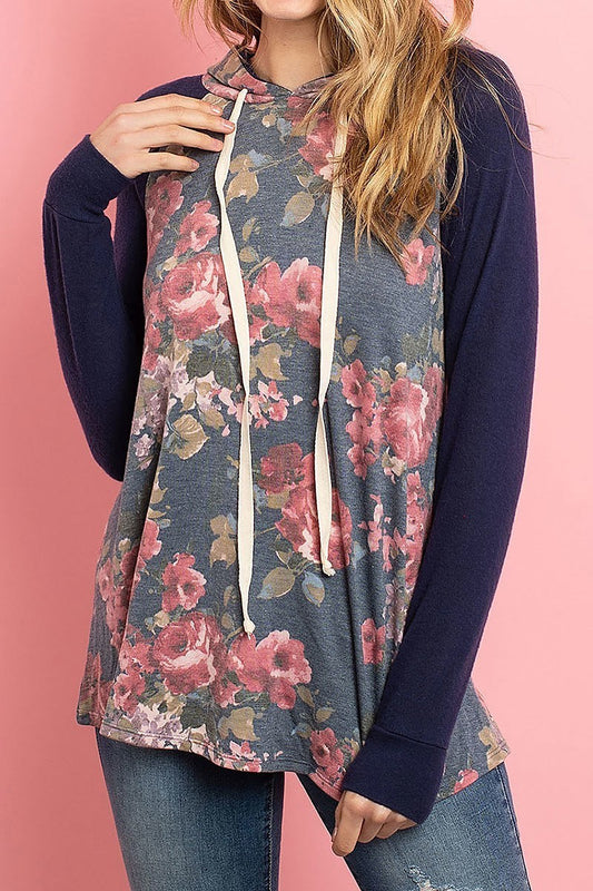 Floral hacci sleeved contrast hoodie with drawstrings (ED8158-59)