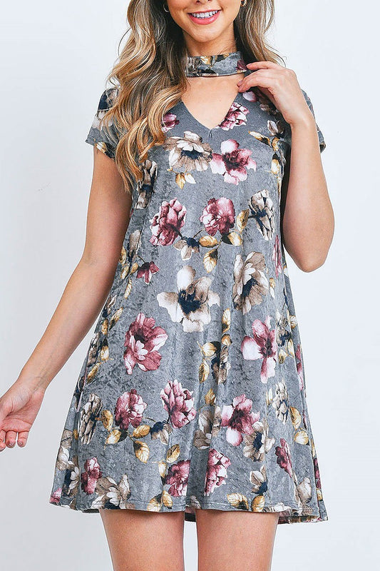 Choker neck floral print velvet dress (DED6914)