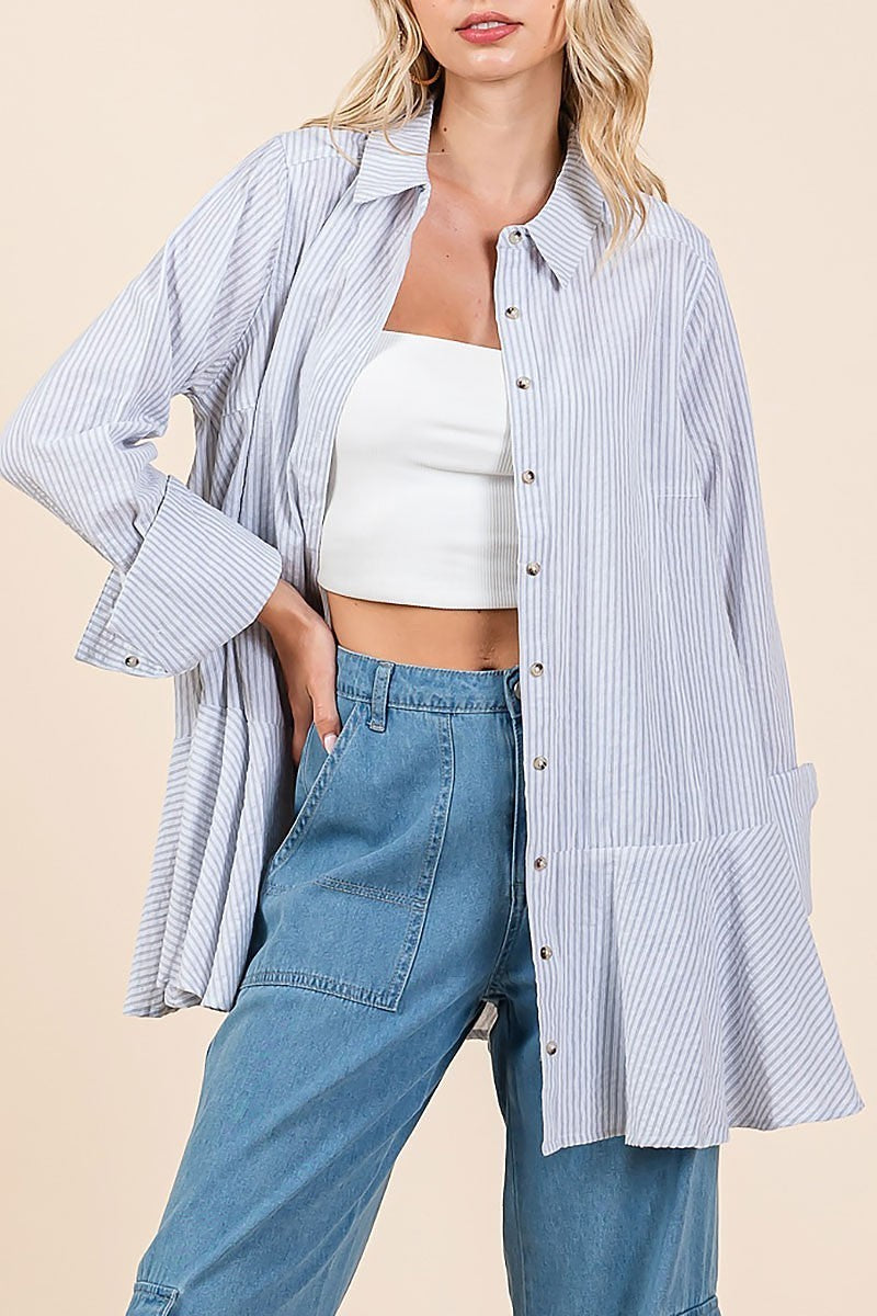 Striped button down ruffle bottom tunic shirt (EDH2327)