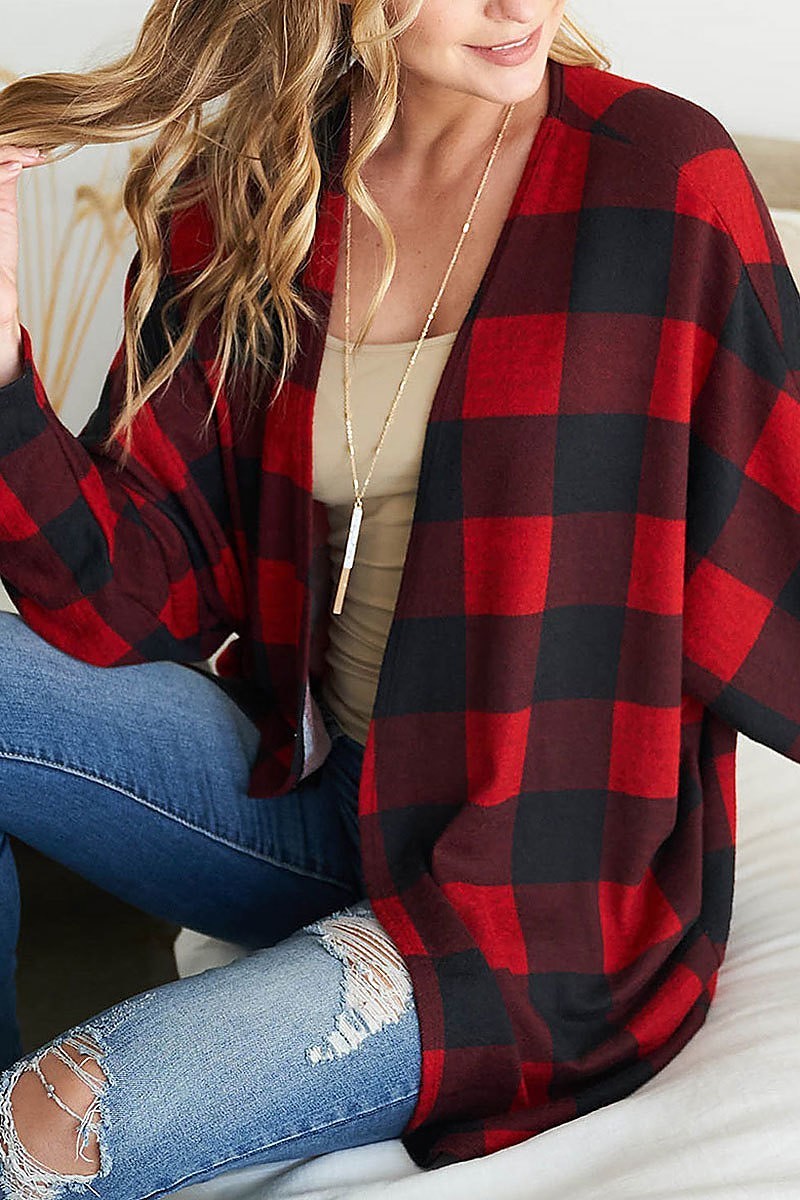 Long sleeve plaid open front cardigan (EF2374-1)