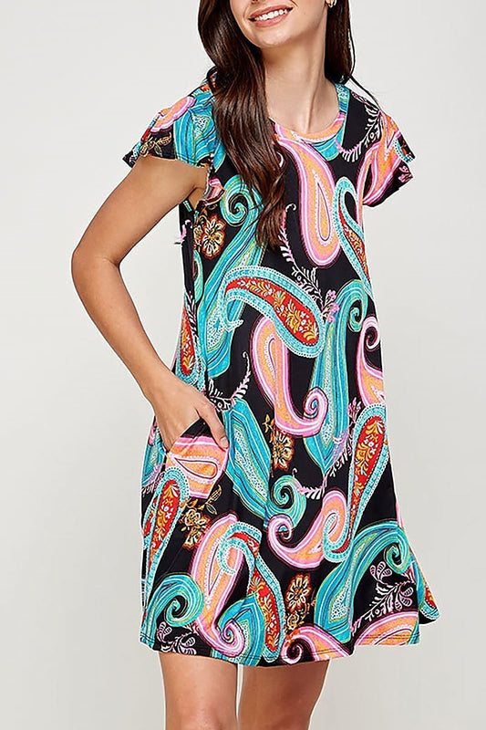 Ruffle detail pocket multi paisley print dress (DED6408)