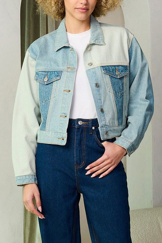 Long sleeve button closure colorblock denim jacket (EFWT9300-1)