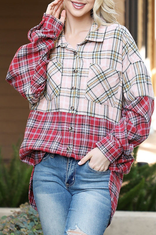 Puff long sleeve plaid contrast top (EF6958)