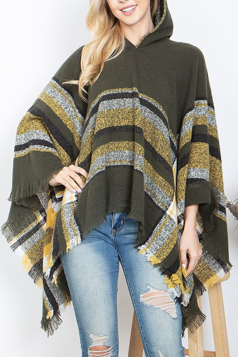 Warmer knitted border line hooded poncho (DGS5890)