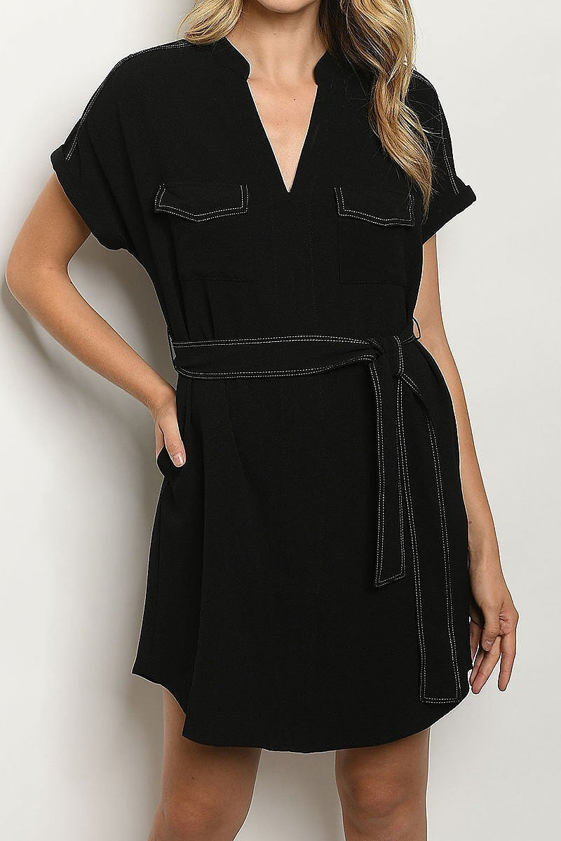 Waist tie pocket detail v neck dress (DED5438)