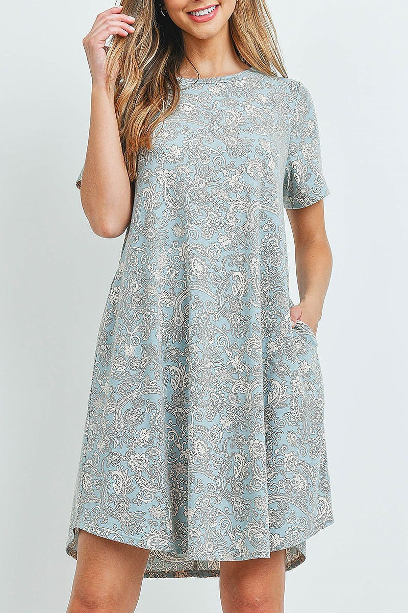 Short sleeves paisley round hem pocket dress (DED6353)