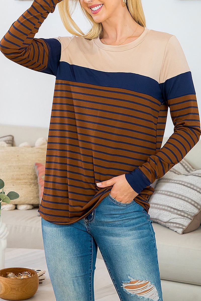 Long sleeve stripes contrast top (EF4714)