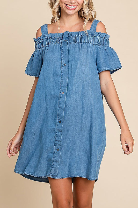 Chambray button-down cold-shoulder mini dress (EDH1624)