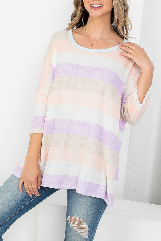 Round neck multi stripe loose fit top (EF4232)