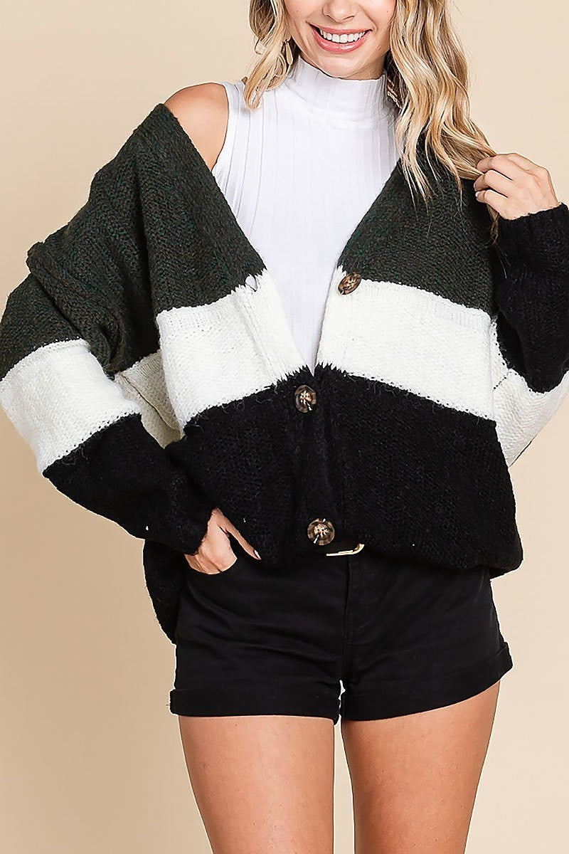 Color blocked sweater open button front cardigan (EDH1856)