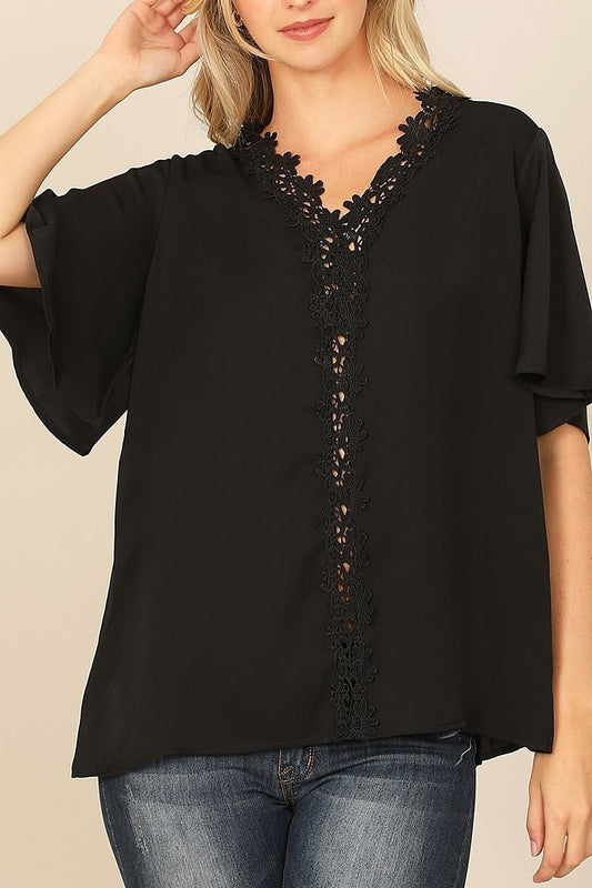 Dolman sleeve lace front detail solid top (EF7749)