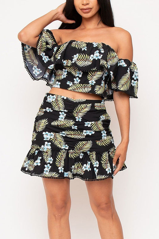 Floral print off shoulder top and skirt set (EDVC2460)