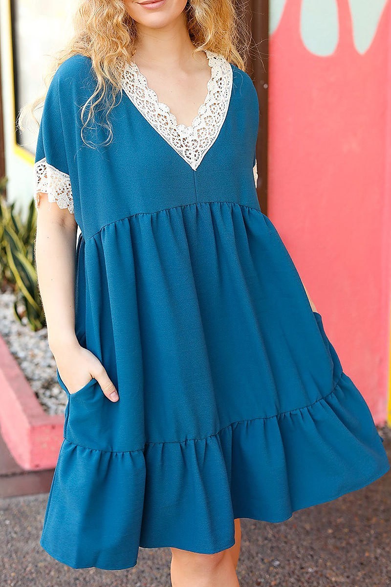 Crochet lace short sleeve crepe pocketed dress (ETBM4579)