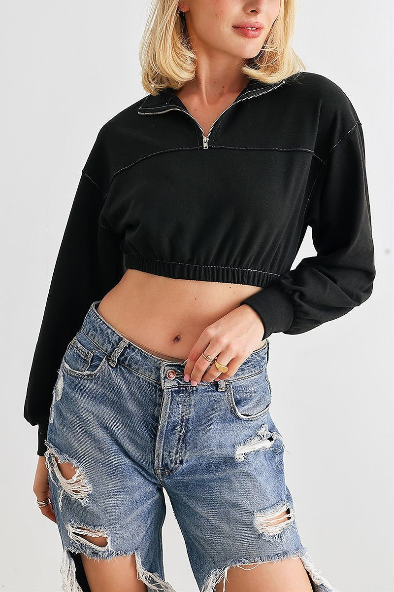 Zip up mock neck elastic waist crop top (TED1990)